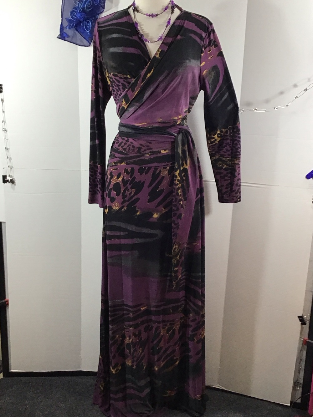 Ducci Purple Animal print Wrap knot front stretch Maxi Dress XL